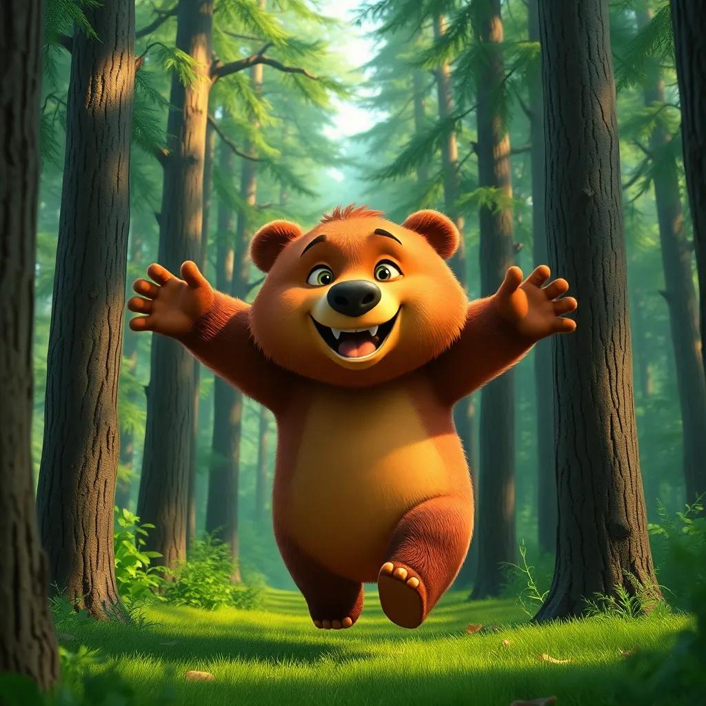 A big, friendly bear named Buba with brown fur, wearing a friendly smile, running joyfully between tall trees in a vibrant forest, digital art, cheerful, lush green colors, child-friendly perspective, high quality