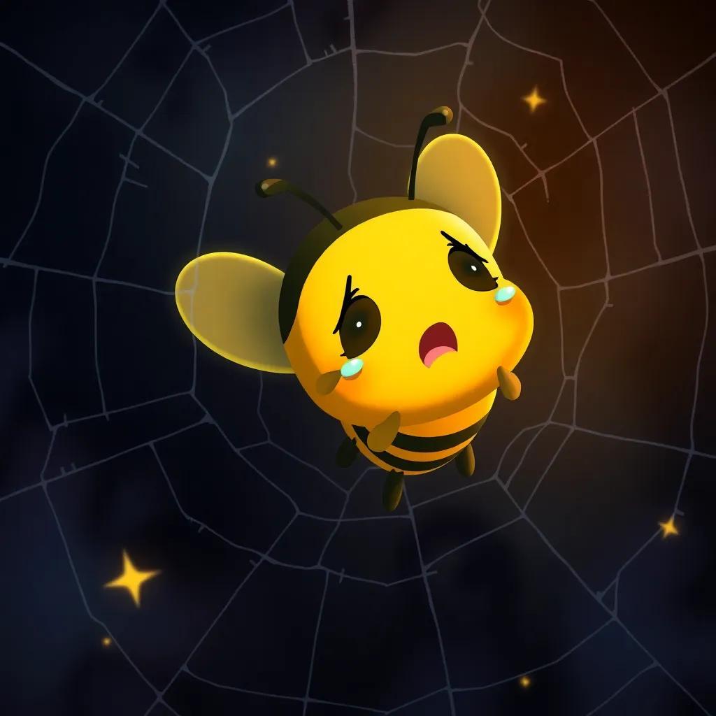 A small bee named Lily with bright yellow and black stripes, trapped in a spider's web, crying and looking scared, surrounded by dark shadows and a few twinkling stars, illustration, dramatic and emotional, warm colors, storytelling view, child-friendly