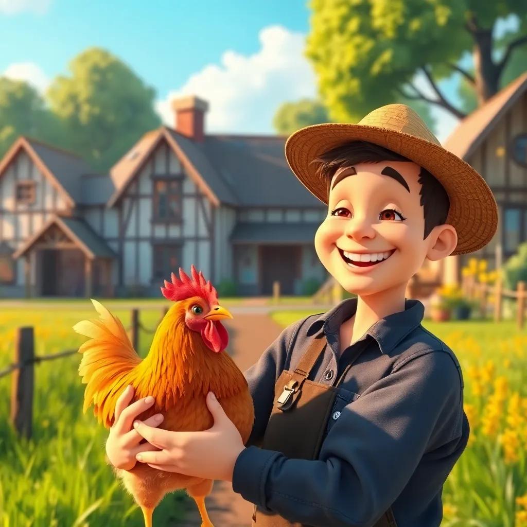 A farmer in a small village smiling at his beautiful golden chicken, surrounded by green fields and a cozy farmhouse behind him, cheerful atmosphere, digital art, vibrant colors, warm light, happy perspective, high quality