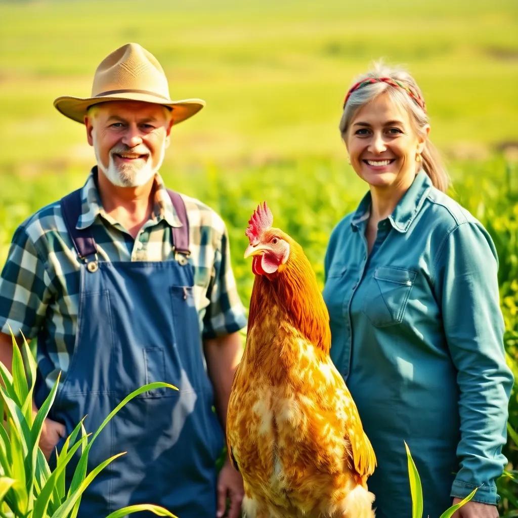 A farmer and his wife in their small farm, standing beside a beautiful golden chicken, bright sunny day, lush green fields, smiling and happy faces, digital art, warm colors, inviting atmosphere, high quality