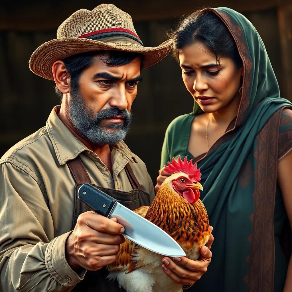 A farmer holding a sharp knife, looking determined while his wife pleads with him not to harm the chicken, tears in her eyes, contrasting emotions, digital painting, vibrant colors, engaging view, heartwarming detail