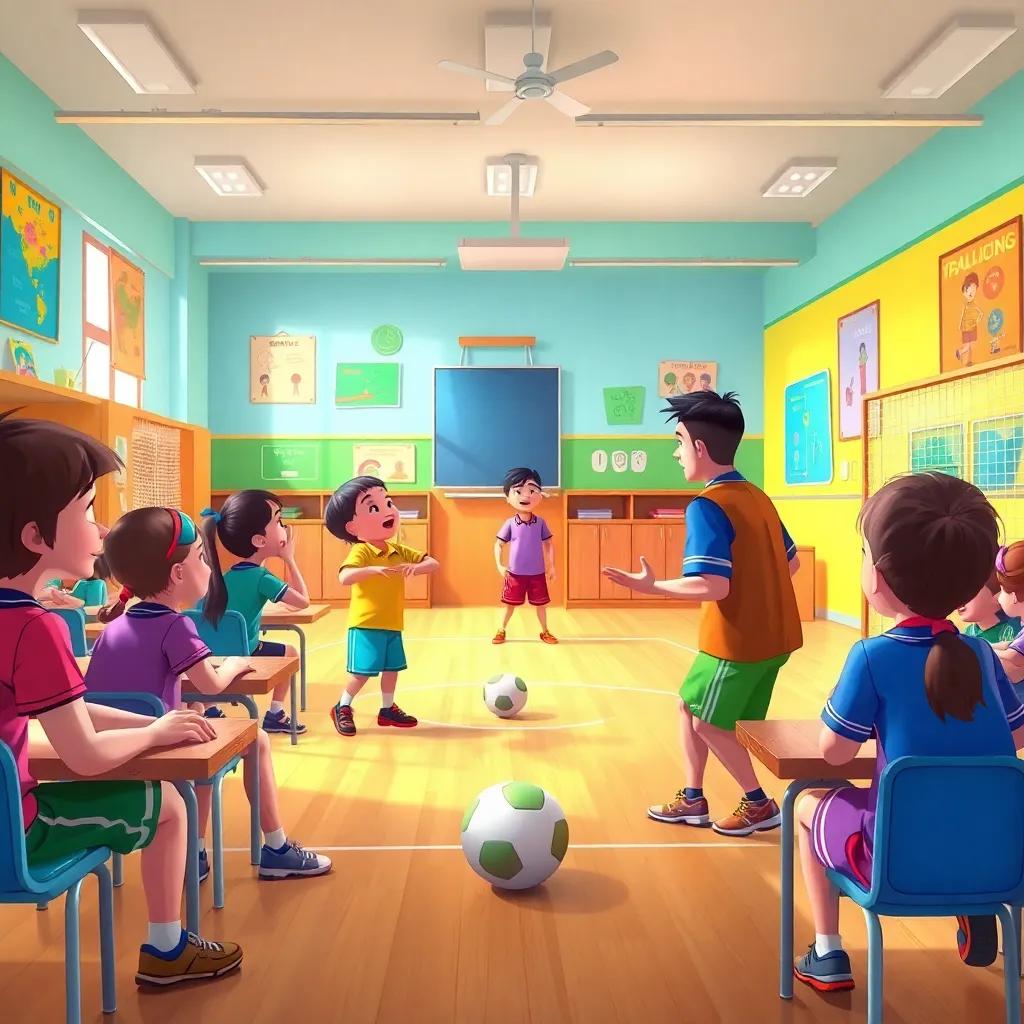 A lively classroom with children engaged in sports, a coach explaining handball skills, colorful environments, digital art, vibrant colors, dynamic atmosphere, high quality
