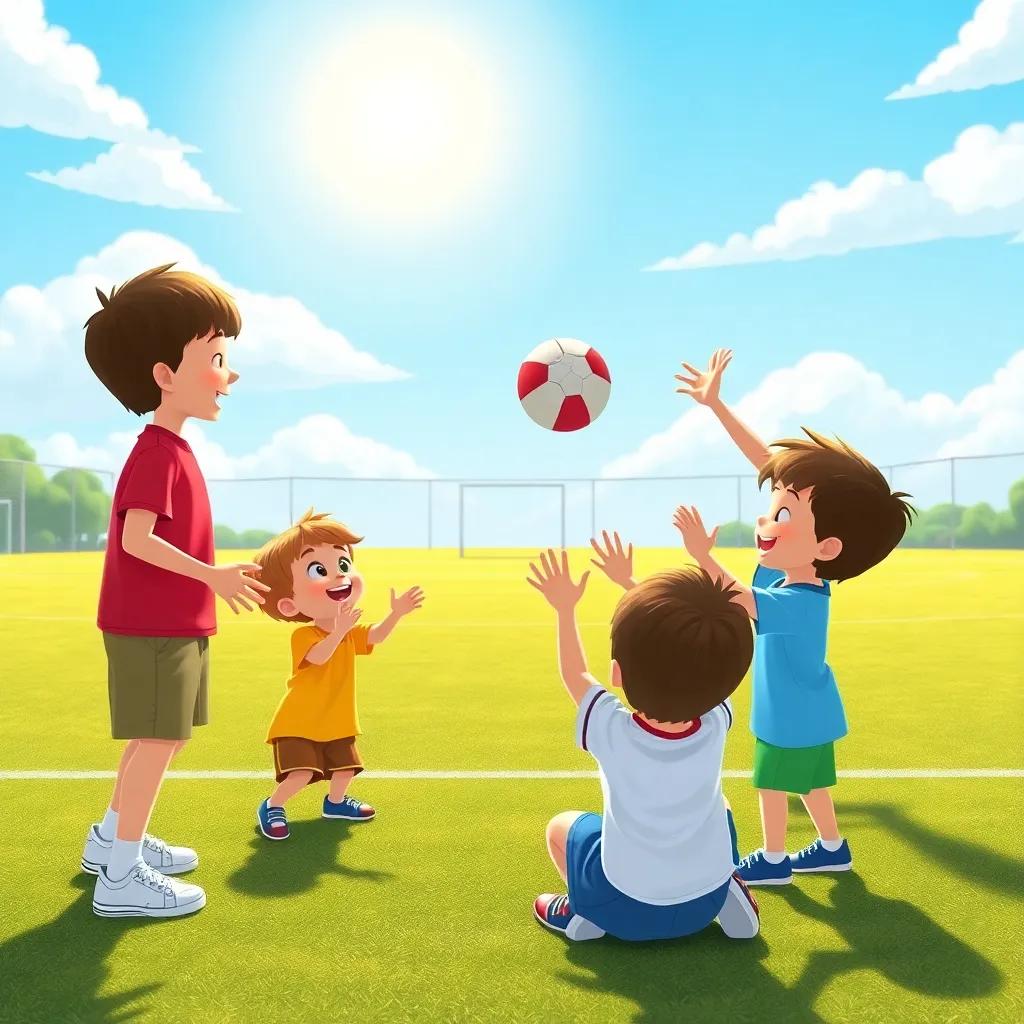 Children practicing catching a ball under a bright sun, with a coach demonstrating the technique, outdoor sports field, cheerful expressions, high quality
