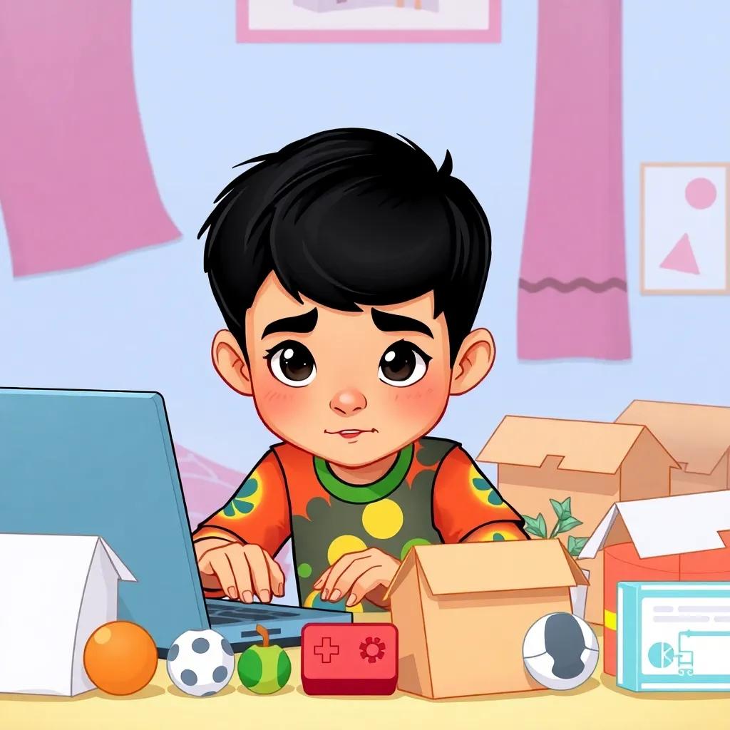 A young Arab boy, Sami, with short black hair, wearing a colorful shirt, sitting at a laptop surrounded by opened boxes and toys, looking perplexed, digital art, bright colors, cheerful atmosphere, high quality