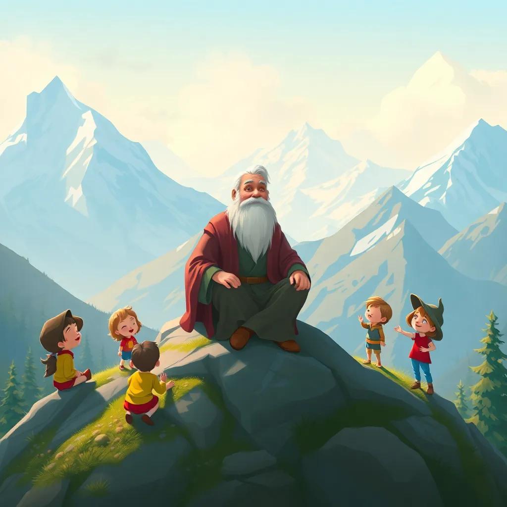 A wise old man sitting on a mountain peak, surrounded by children, with snow-capped mountains in the background, peaceful atmosphere, digital painting, warm colors, child-friendly