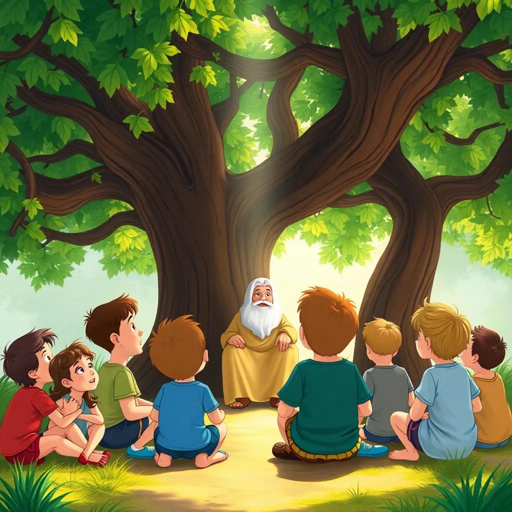 Children sitting in front of the wise man under a large tree, eagerly listening, with expressions of curiosity, illustration, light shining through the leaves, colorful