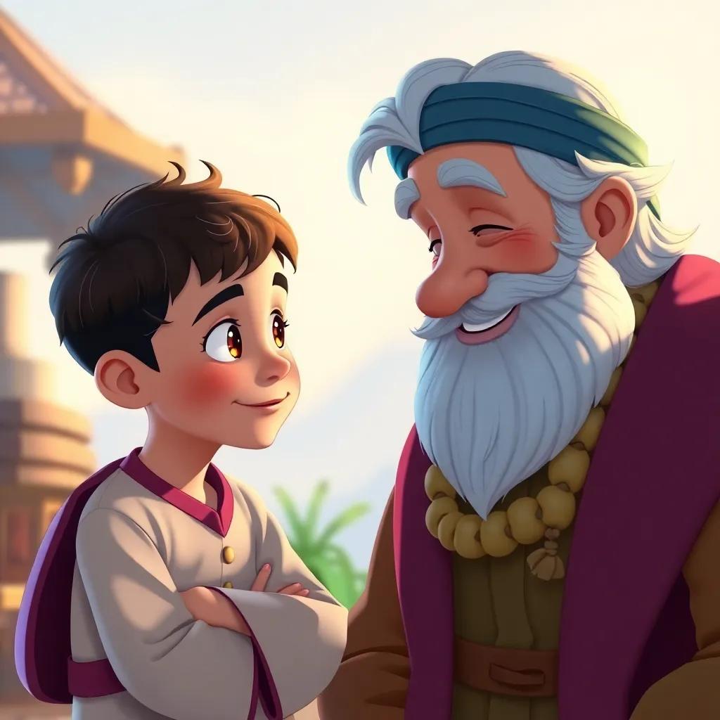 A child asking a question to the wise man, with a thoughtful expression, the wise man smiling gently, detailed scene, friendly and inviting, bright colors
