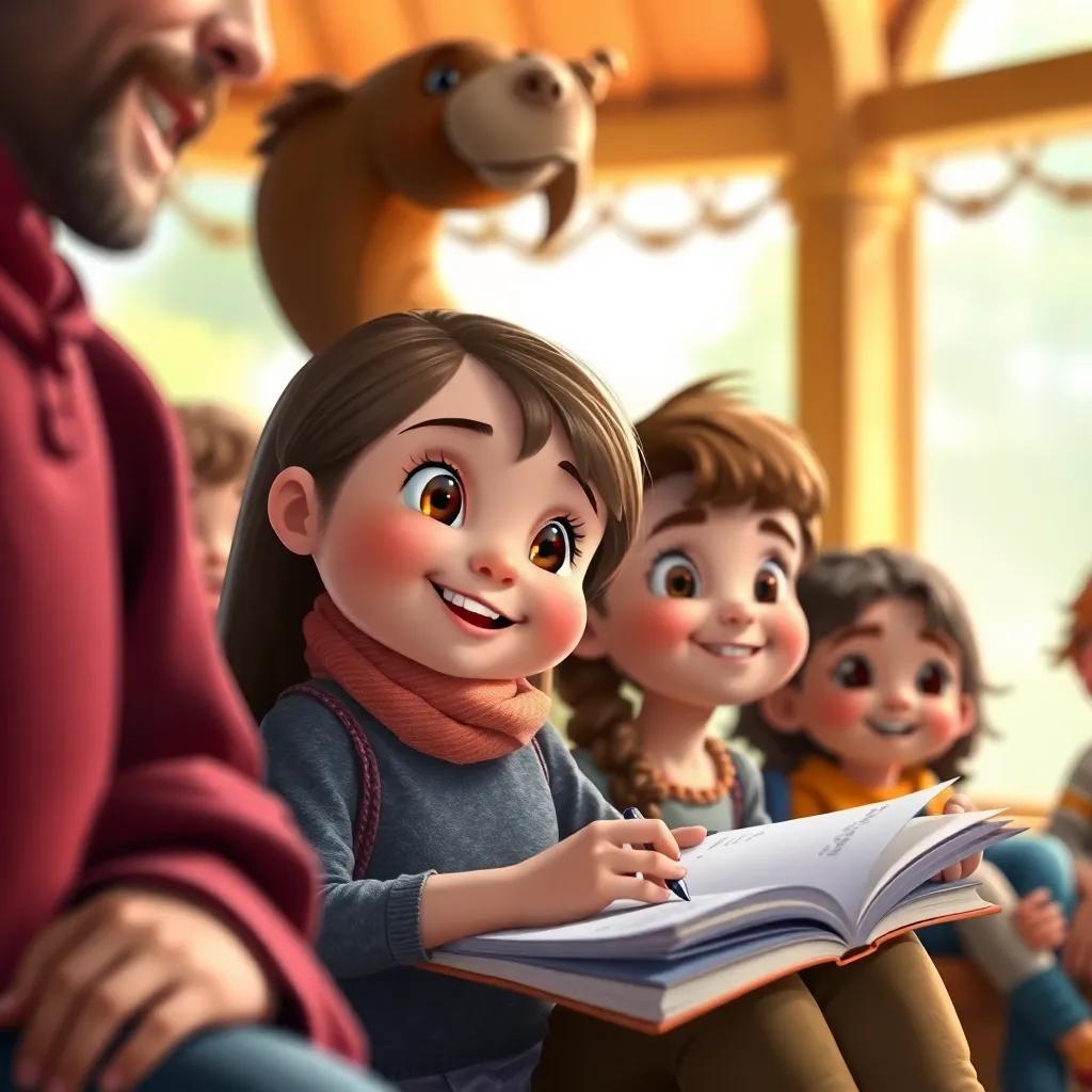 A girl listening intently, with a notebook in her lap, jotting down the wise man's words, surrounded by other children, joyful and interactive scene, bright and cheerful