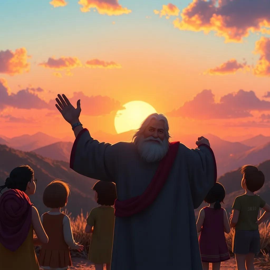 The wise man waving goodbye to the children as they leave, the sun setting behind the mountains, creating a warm glow, heartwarming moment, colorful sky, emotional atmosphere