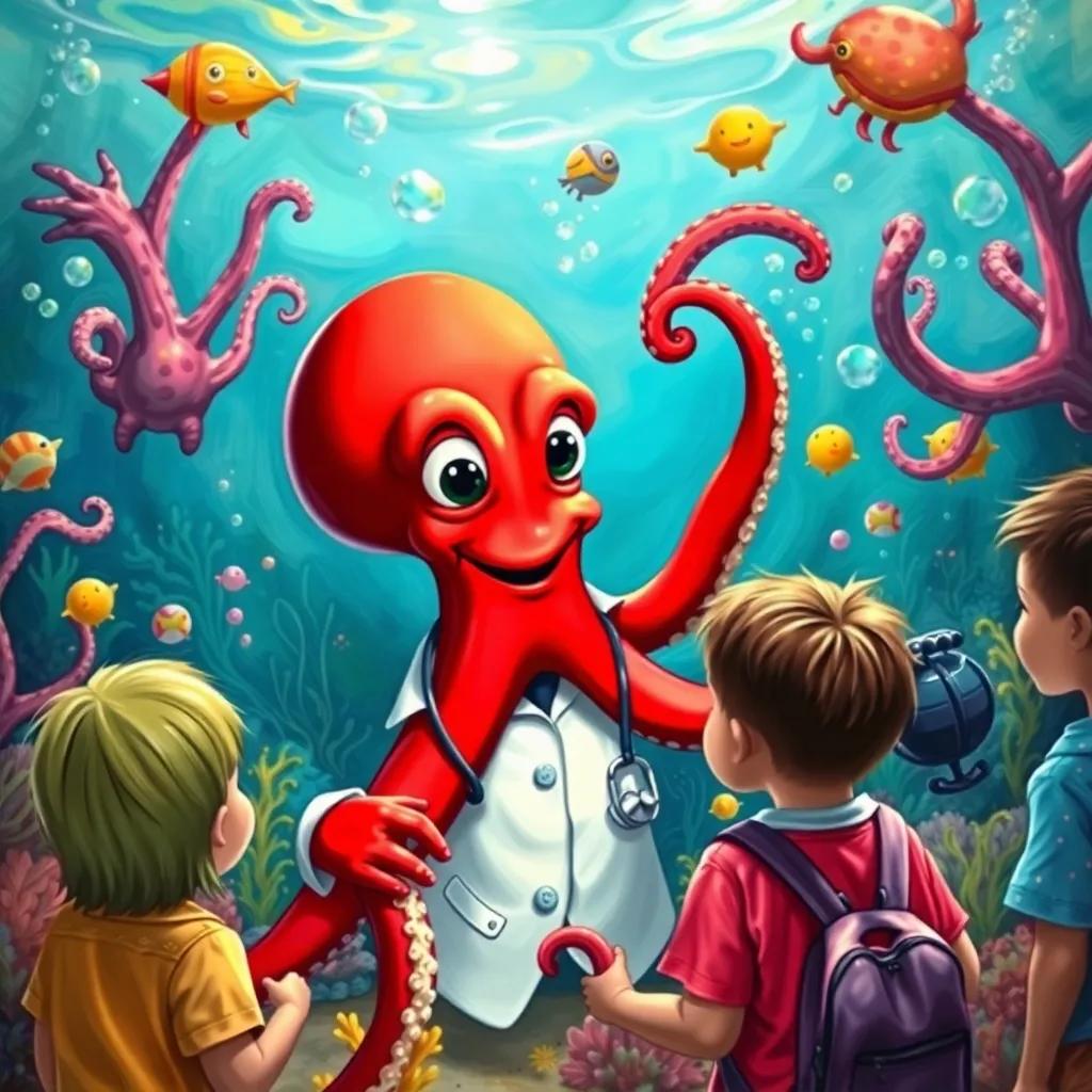 A cheerful octopus doctor, with bright red skin and wearing a little white coat, talking to a group of curious school children in a colorful underwater scene, vibrant and lively, friendly atmosphere, high quality