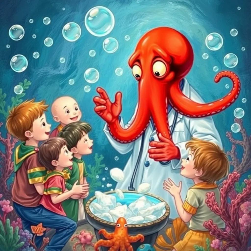 The red octopus doctor explaining to the school children about using sulfur soap, surrounded by bubbles and sea creatures, colorful marine environment, engaging and informative, cheerful tone, detailed illustration