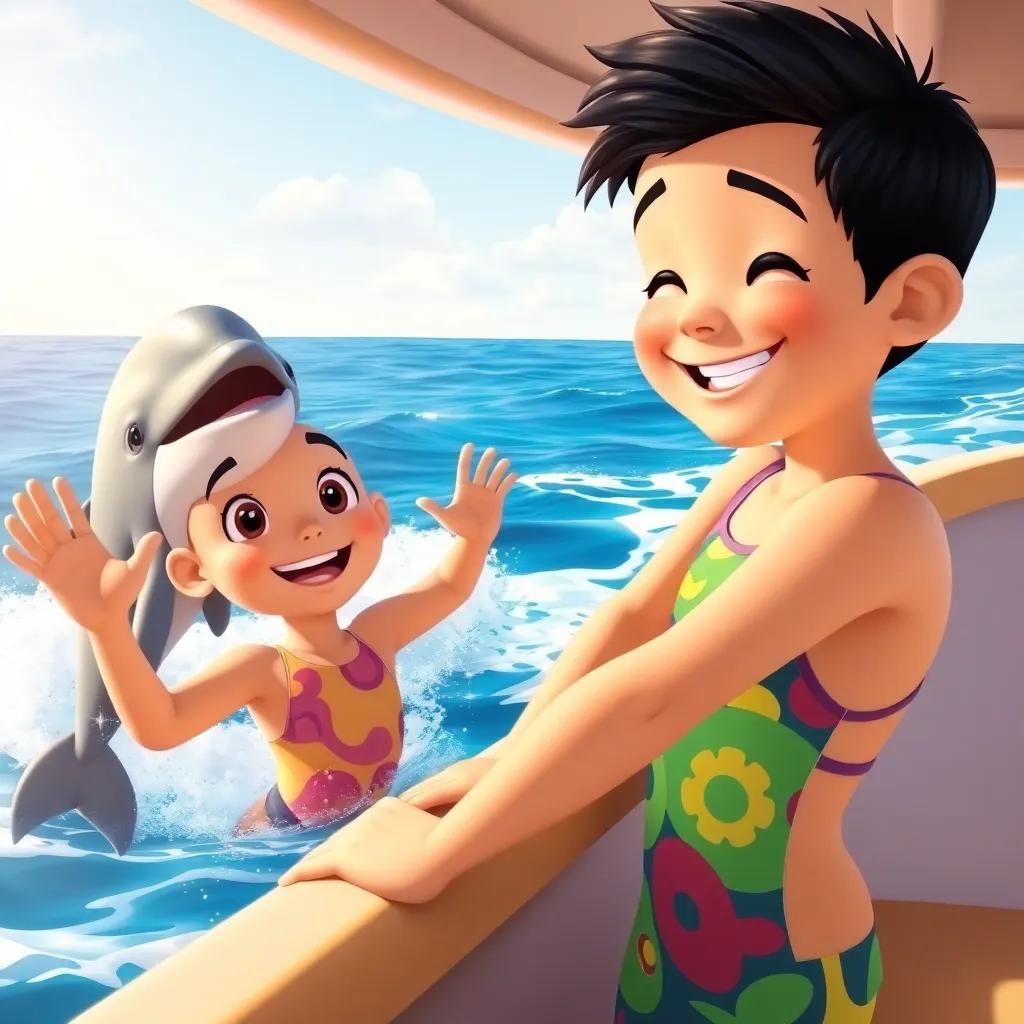 A young boy, Sami, with short black hair, wearing a colorful swim suit, on a boat smiling and waving happily at a dolphin jumping out of the water, sunny day, ocean waves, cheerful atmosphere, digital art, bright colors, child-friendly
