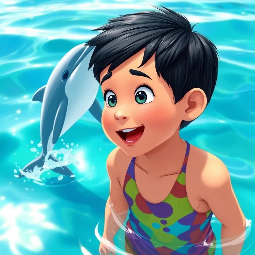 Sami, a young boy with short black hair in a colorful swim suit, watching a dolphin jumping and playing in the ocean, amazed expression, vibrant sea, sunlight reflecting on the water, joyful scene, detailed illustration, uplifting vibe