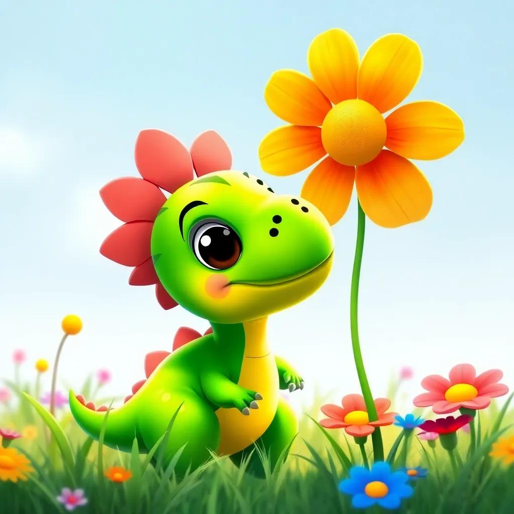 A small dinosaur, Timmy, with bright green skin and big round eyes, looking curiously at a colorful flower in a bright, sunny meadow. Digital art, cheerful illustration, vibrant colors, child-friendly, high quality