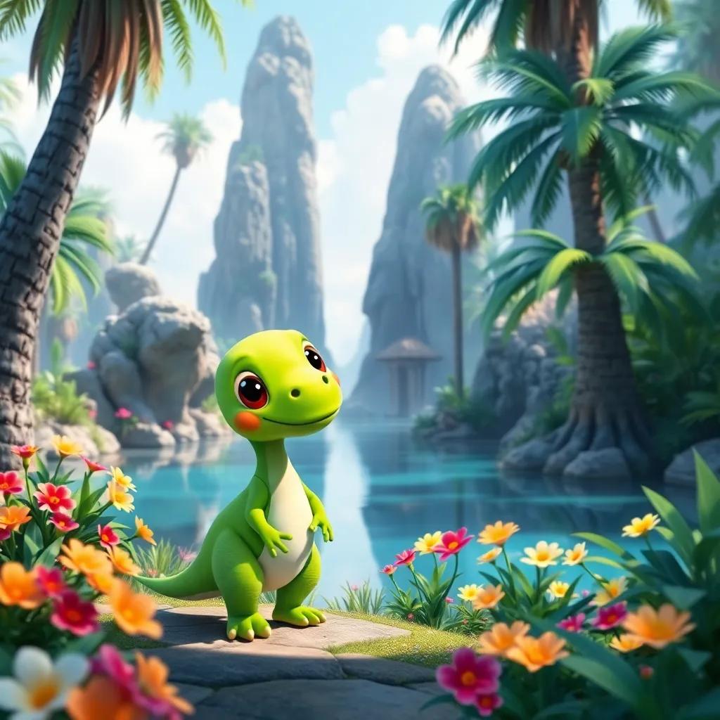 A small dinosaur, Timmy, with bright green skin and big round eyes, standing by a beautiful oasis with tall trees and blue water, surrounded by bright flowers and lush greenery. Digital illustration, peaceful scene, colorful, heartwarming