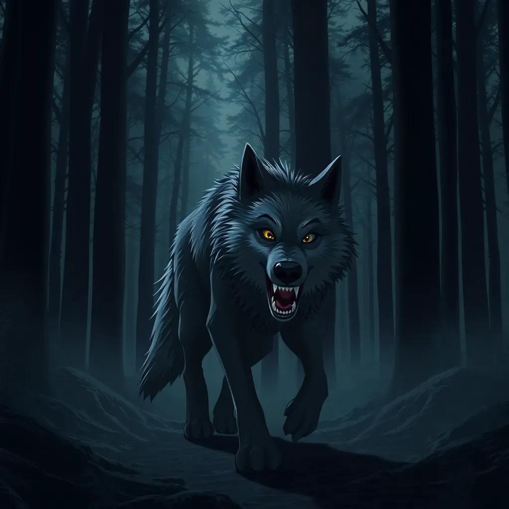 A sneaky wolf, a big bad wolf with sharp teeth, walking through a dark forest filled with tall trees and shadows, digital art, dark colors, mysterious atmosphere, high quality