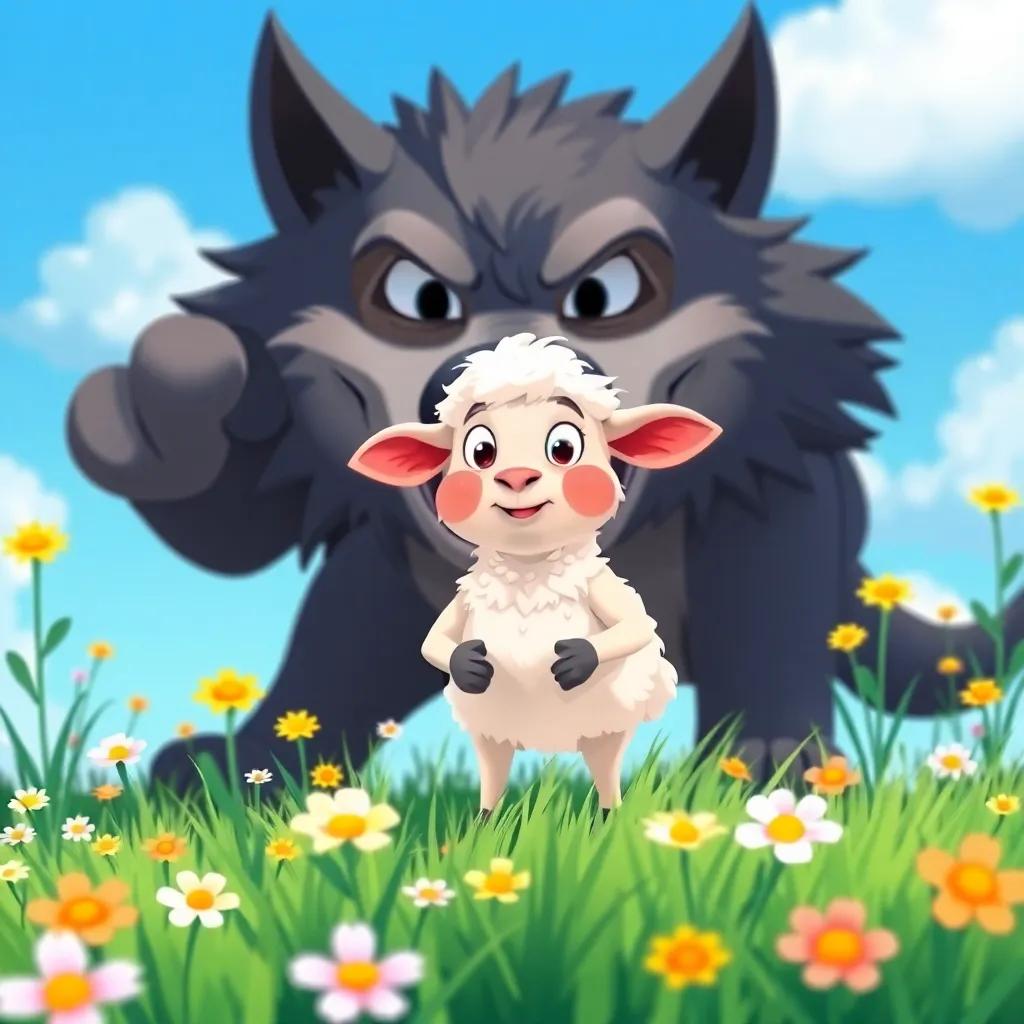 A brave little sheep in a meadow, standing up to the big bad wolf, surrounded by bright flowers and a clear blue sky, illustration, cheerful, vibrant colors, uplifting mood, child-friendly