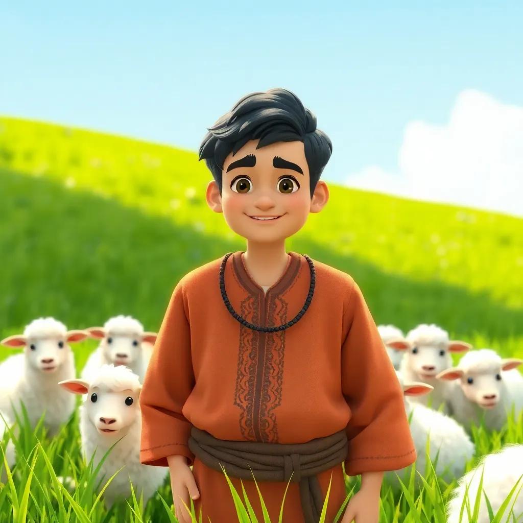 A kind shepherd, Hassan, with short black hair wearing a traditional Arab shirt standing in a green meadow with fluffy white sheep around him, sunny day, cheerful atmosphere, vibrant colors, high quality