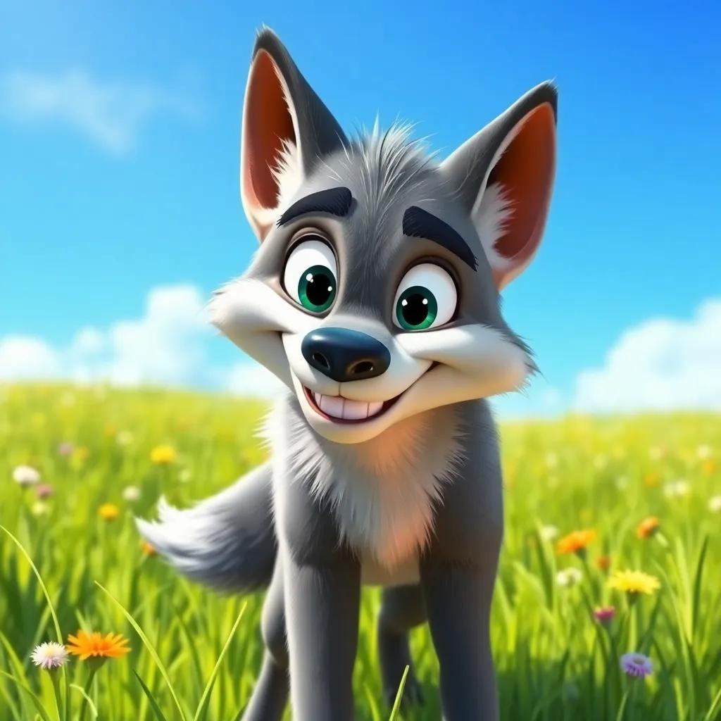 A sly wolf, looking cunning with grey fur, standing in the meadow, wearing a cheeky smile, trying to look friendly, bright blue sky in the background, colorful, playful mood, high quality