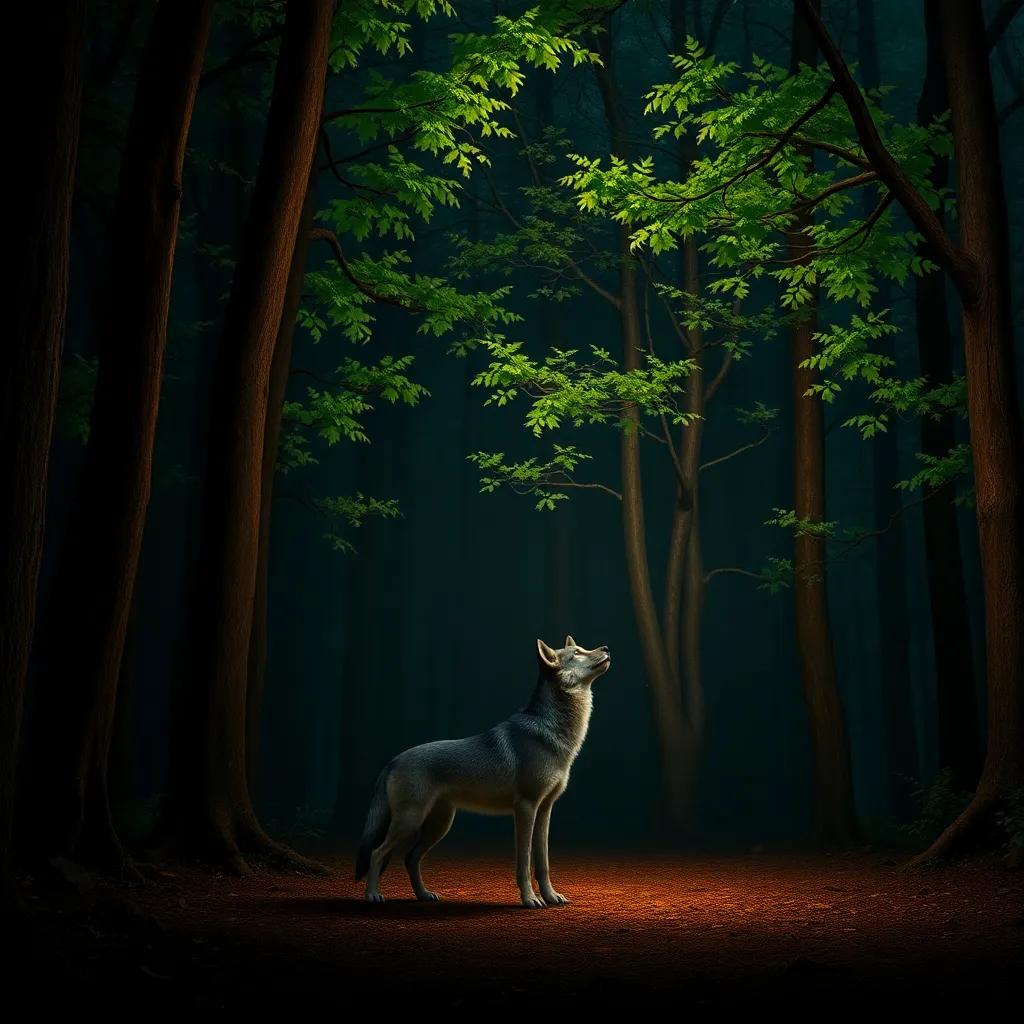 A lonely wolf standing in a dark, scary forest, looking up at beautiful trees with enchanting green leaves, digital art, atmospheric lighting, earthy tones, high quality, captivating scene