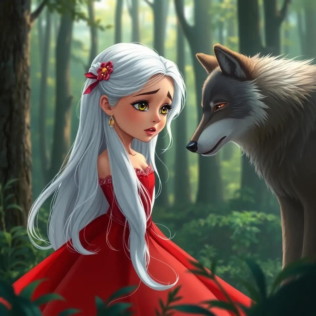 An elegant girl with long white hair wearing a red princess dress, crying in the forest, with the wolf appearing nearby looking caring and brave, illustration, bright colors, emotional expression, storytelling view, high detail