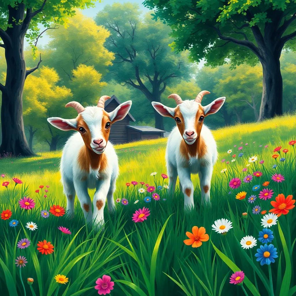 A vibrant farm scene with two young goats, Sara and Zina, exploring the green grass and colorful wildflowers. Lush trees surround them, creating a light, playful atmosphere, digital art, whimsical style, bright colors, cheerful and inviting setting, high detail, playful perspective.
