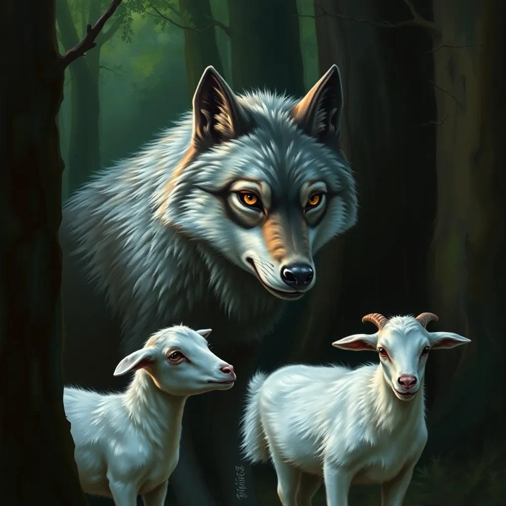 A cunning wolf, with sharp features and a sly grin, emerging from the tree line in a darker part of the forest. The wolf has a sleek gray coat and piercing eyes, looking at the young goats as they hesitate, digital art, a slightly menacing vibe, deep greens and shadows, detailed and realistic, engaging focus.