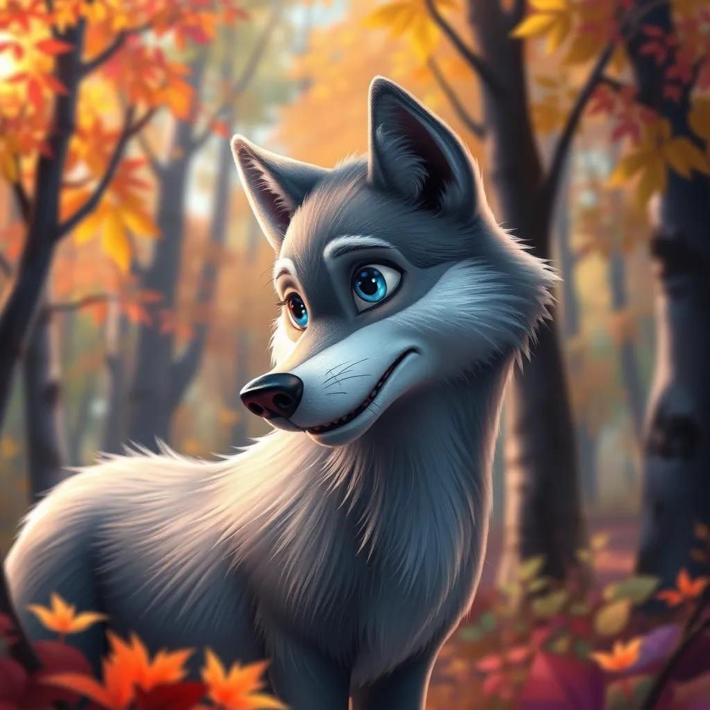 A hungry wolf with beautiful gray fur and blue eyes looking around in a colorful forest, detailed digital art, vibrant colors, serene atmosphere, high quality