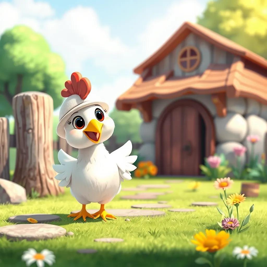 A small white chicken with a cute little hat playing near a charming barn, bright and cheerful environment, colorful illustration, child-friendly, joyful