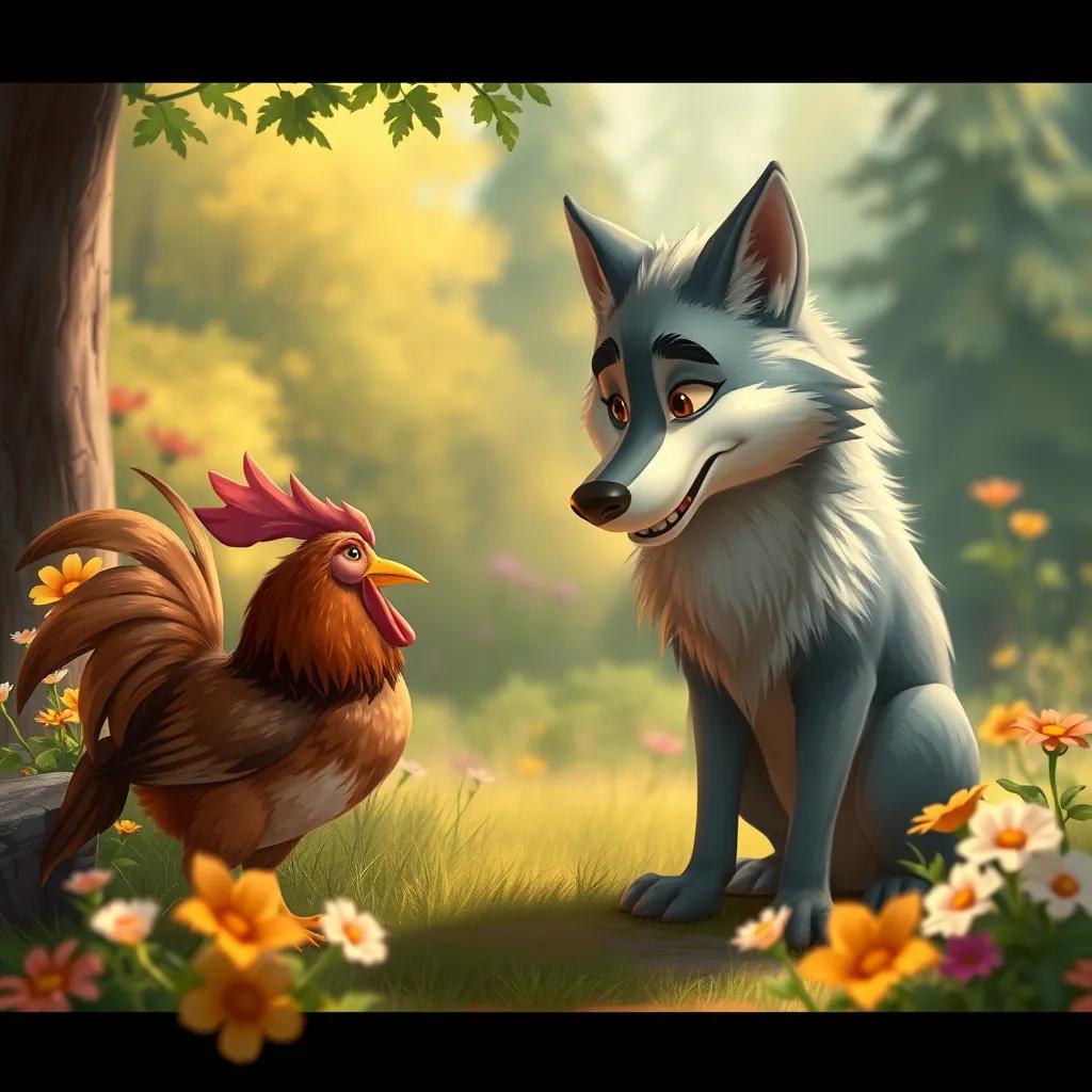 The wolf carefully approaching the chicken kindly, showing a friendly expression, surrounded by flowers and trees, harmonious and inviting scene, digital painting, warm colors, friendly atmosphere