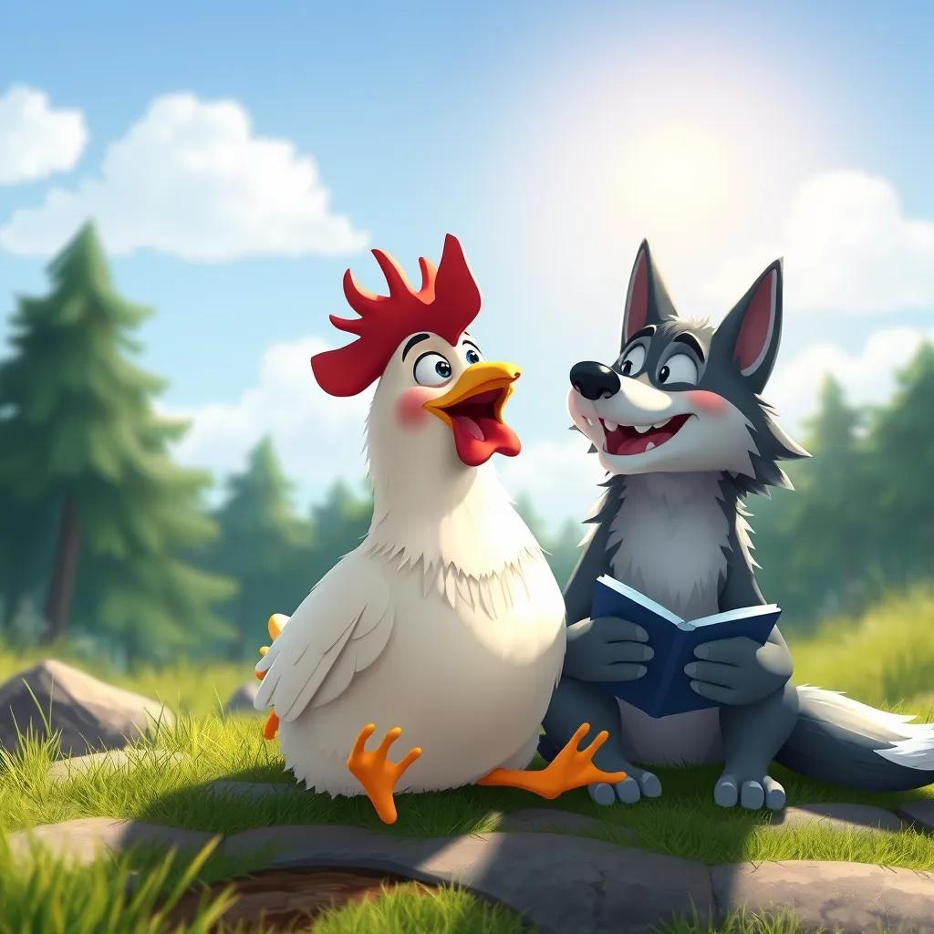 The chicken surprised and delighted, sitting next to the wolf, sharing stories and laughing under sunny skies, joyful interaction, bright illustration, uplifting
