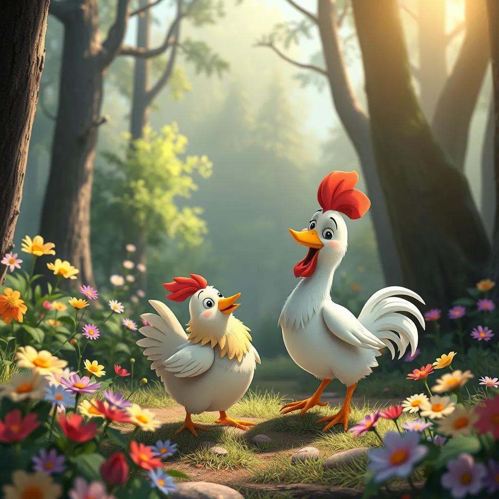 The wolf and the chicken happily playing together in the forest, surrounded by colorful flowers, depicting friendship, cheerful atmosphere, high-quality digital art, heartwarming scene
