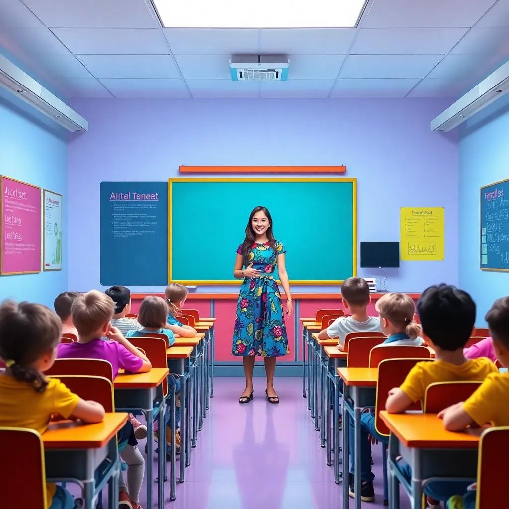 A classroom with students sitting at desks, a female teacher in a colorful dress with a friendly smile explaining artificial intelligence, children showing curiosity and interest, digital art, bright and inviting colors, educational atmosphere, cheerful setting, high quality