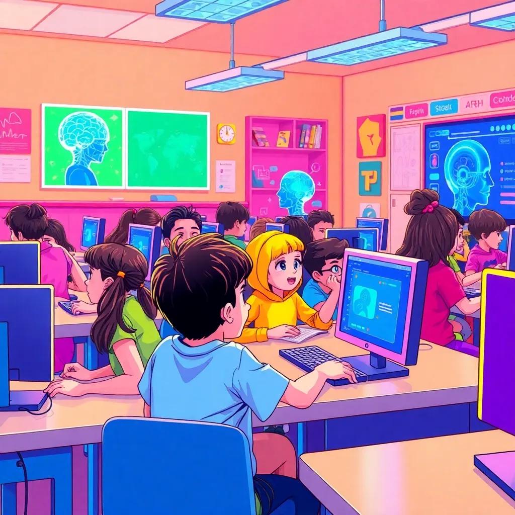Students using computers in a lively classroom environment, exploring educational software with visuals of artificial intelligence, a diverse group of children engaged and excited, digital illustration, dynamic colors, lively and fun learning, child-friendly, high quality