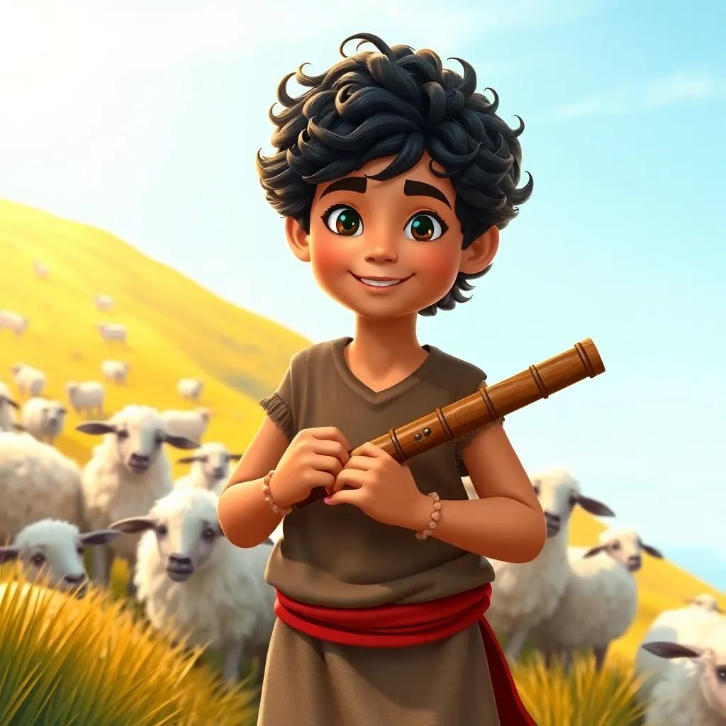 A young shepherd boy, Ali, with curly dark hair and a simple tunic, holding a flute while surrounded by sheep on a sunny hillside, vibrant colors, cheerful atmosphere, high quality