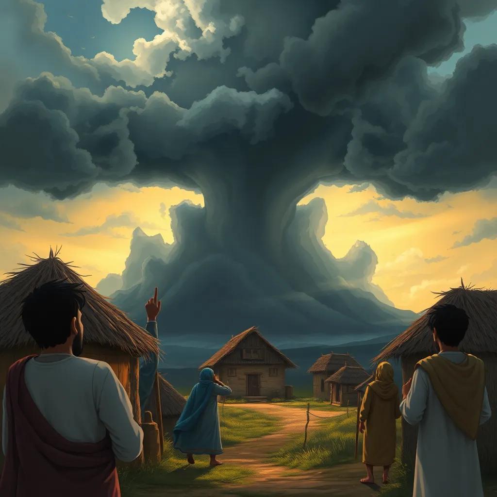 A dark cloud approaching a small village with worried villagers looking up, Ali pointing towards the sky, detailed illustration, dramatic lighting, engaging scene, high quality