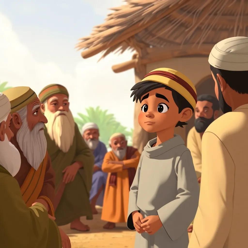 Elders of the village gathered in a circle, listening intently to young Ali, who stands confidently with a wise expression, warm colors, community spirit, high quality