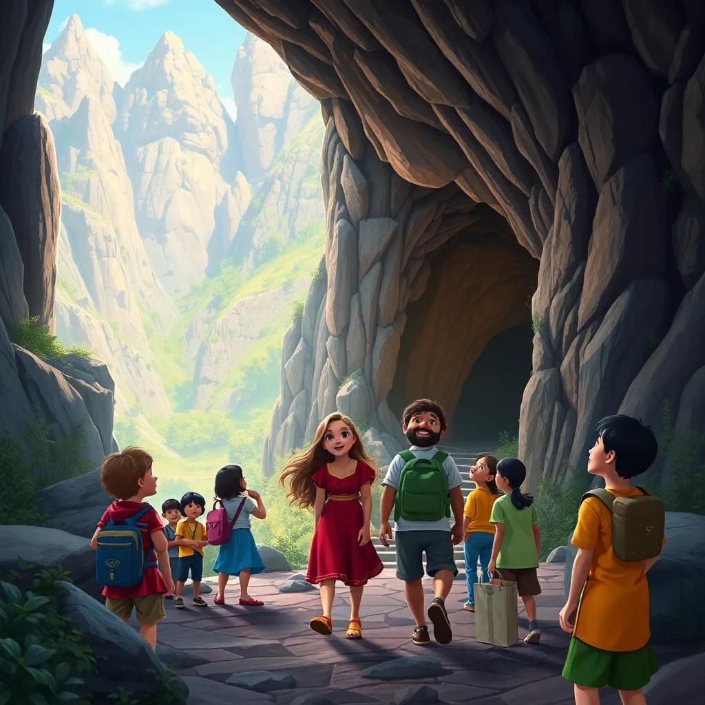 Ali leading children and adults, showing them a hidden cave in the mountains, everyone eager and excited, colorful, adventurous atmosphere, high quality
