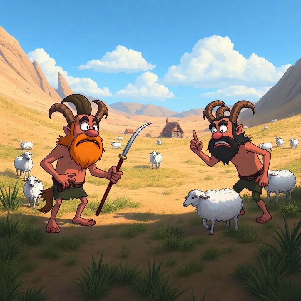 The tyrants searching a deserted village, looking confused and frustrated, with empty fields and no sheep around, engaging illustration, bright colors, high quality