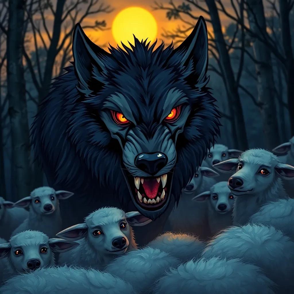 The terrifying wolf, a menacing wild animal with sharp teeth and glowing eyes, lurking near the flock of sheep, surrounded by trees in the dim light of dusk, illustration, dark and suspenseful, child-friendly