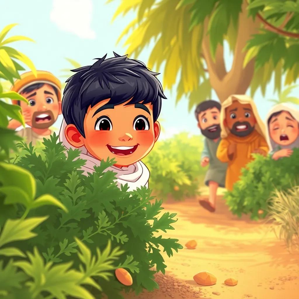 A young Arabic shepherd, Sami, with short black hair and wearing a simple white thobe, hiding behind bushes and laughing while villagers rush with worried expressions, illustration, bright colors, lively atmosphere, cheerful perspective, child-friendly