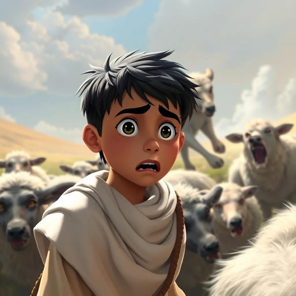 A worried young Arabic shepherd, Sami, with short black hair in a white thobe, shouting for help while a fierce wolf is attacking sheep in the background, detailed art, dramatic lighting, tense colors, storytelling perspective, high quality
