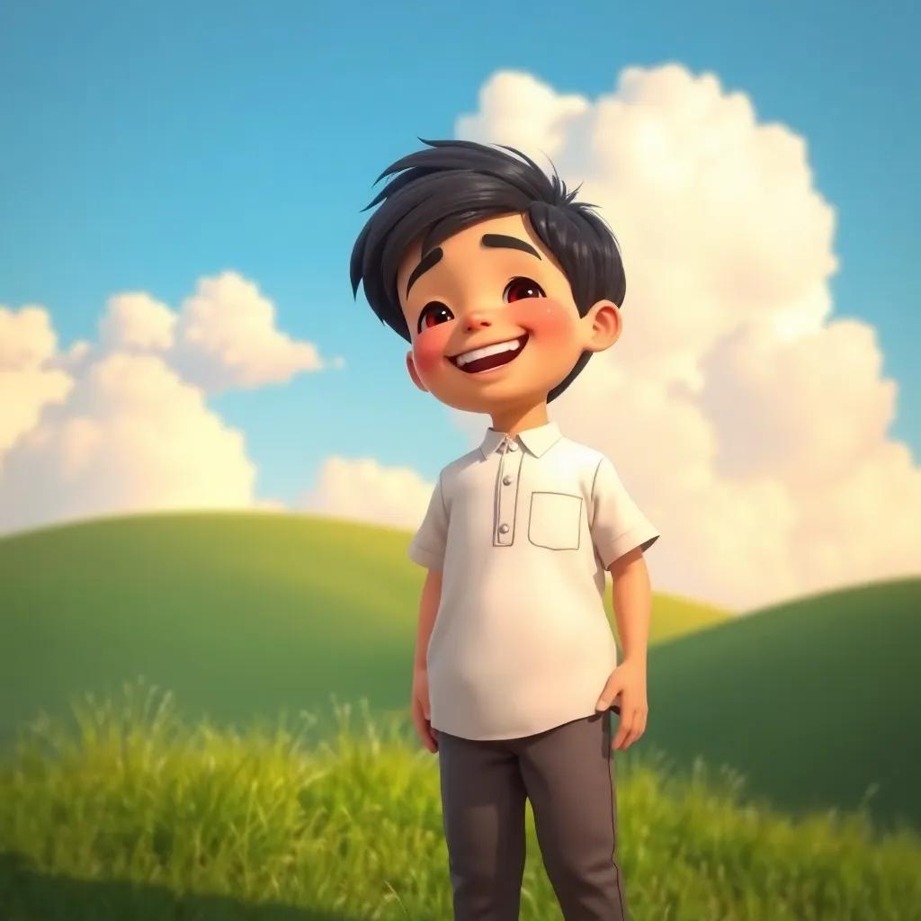 A young Arab boy, Sami, with short black hair, wearing a simple shirt and trousers, standing on a hill with green grass and fluffy clouds, laughing, child-friendly, vibrant colors, cheerful atmosphere