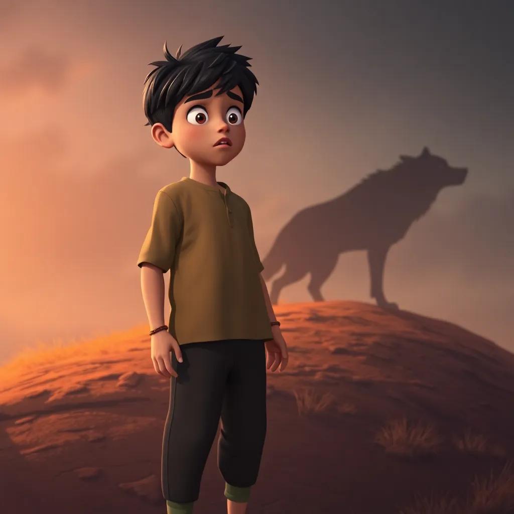 A young Arab boy, Sami, with short black hair, wearing a simple shirt and trousers, looking scared on a hill with the shadow of a wolf approaching, dramatic light, warm colors, storytelling view, engaging