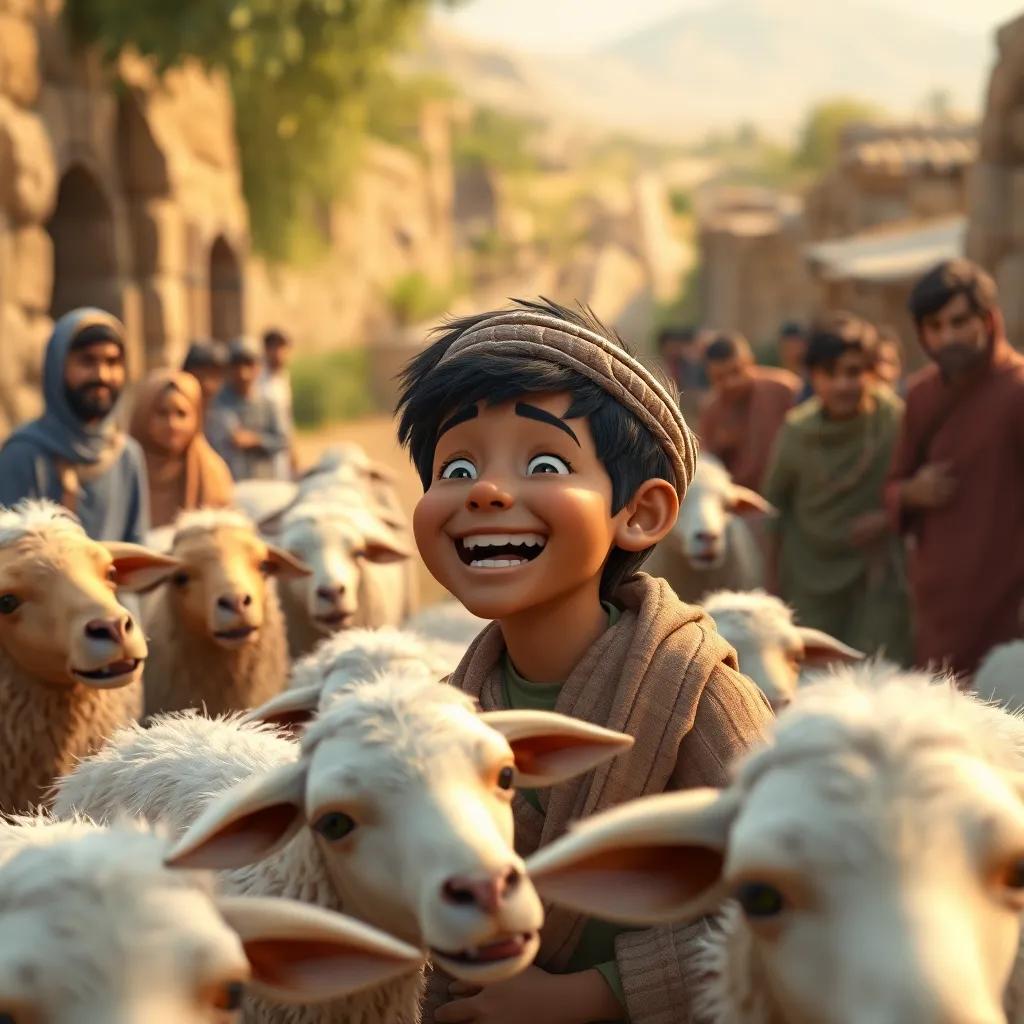 A young Arab shepherd with short dark hair, laughing among his sheep, surrounded by worried villagers coming from the path, colorful scenery, engaging scene, storytelling view, heartwarming atmosphere