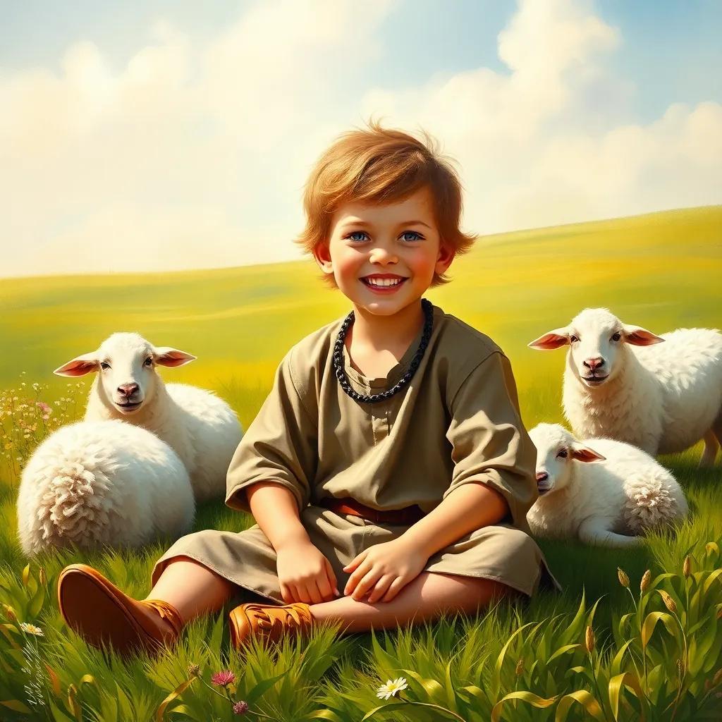 A young shepherd boy, with a mischievous smile, sitting on the grass in a sunny meadow, surrounded by sheep, wearing a simple tunic, enjoying his prank, bright colors, cheerful atmosphere