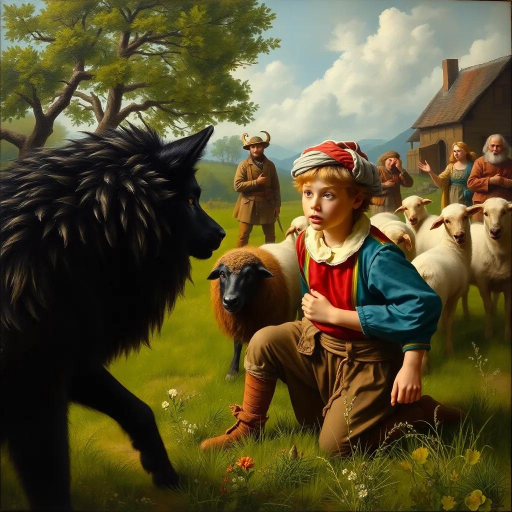 The same shepherd boy, looking terrified as a wolf approaches sheep in the meadow, his colorful tunic contrasting with the dark wolf, worried expression, villagers in the background shaking their heads, tense atmosphere