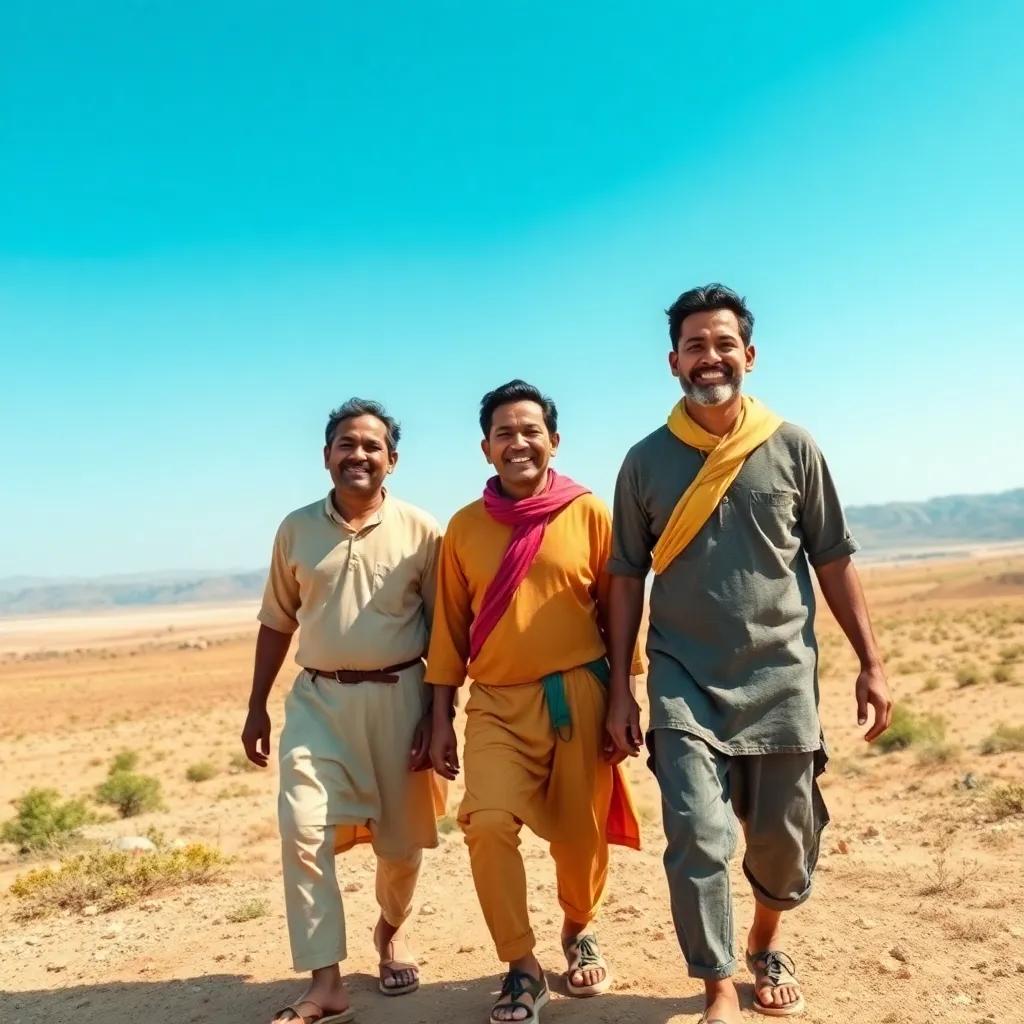 Three kind men walking in vast land, cheerful expressions, wearing simple traditional clothes, under a clear blue sky, joyful adventure, colorful, vibrant environment, digital art
