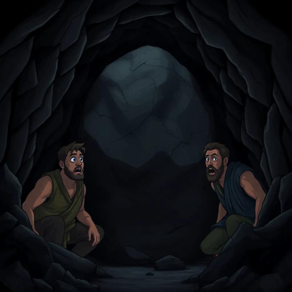 Three men inside a dark cave, shocked expressions, a large rock blocking the entrance, dim lighting, a sense of tension, illustrated scene, dramatic, shadowy atmosphere, storytelling quality