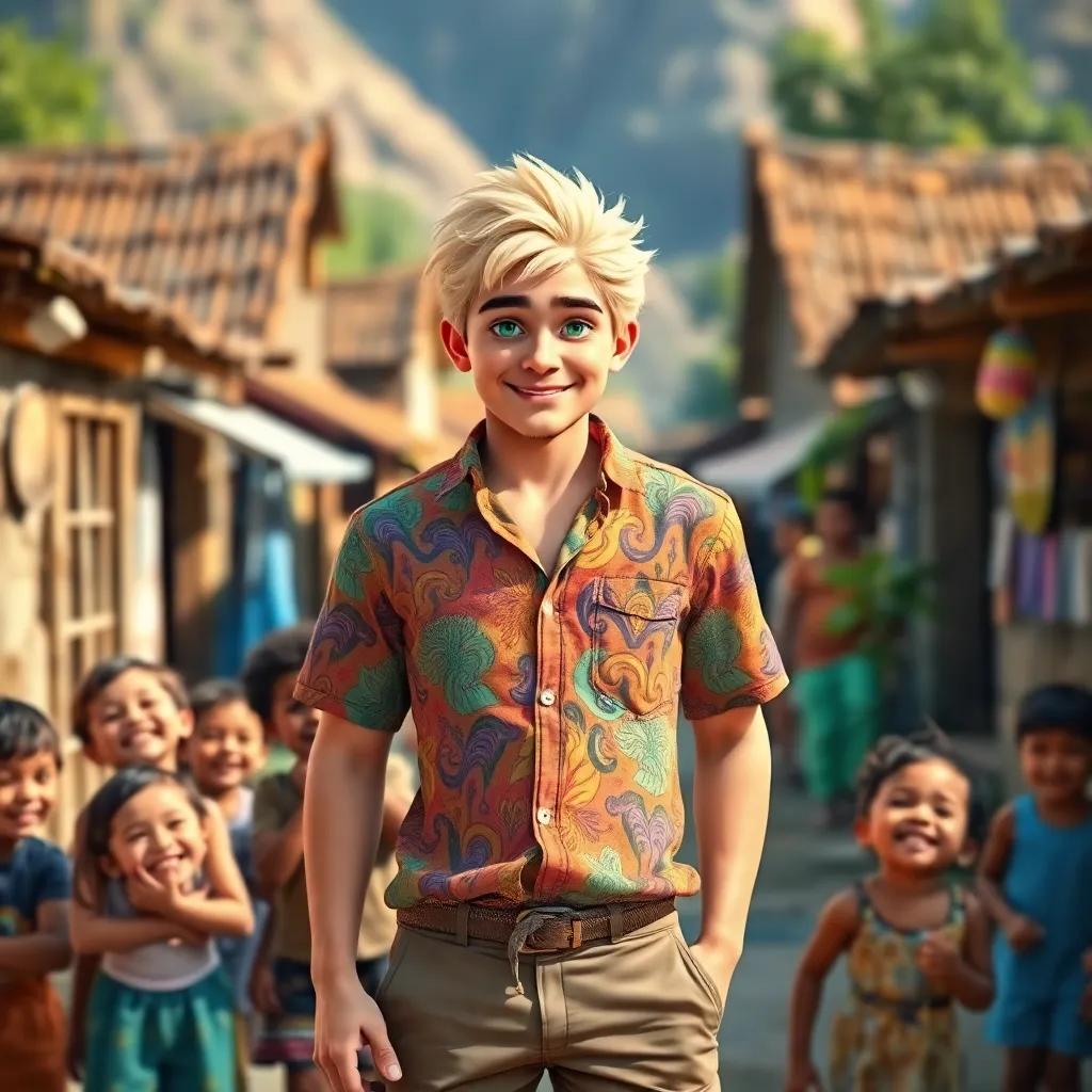 A tall man with blond hair and bright green eyes, wearing a colorful shirt and shorts, standing in a small village with laughing children around him, cheerful atmosphere, digital art, vibrant colors, playful, heartwarming scene